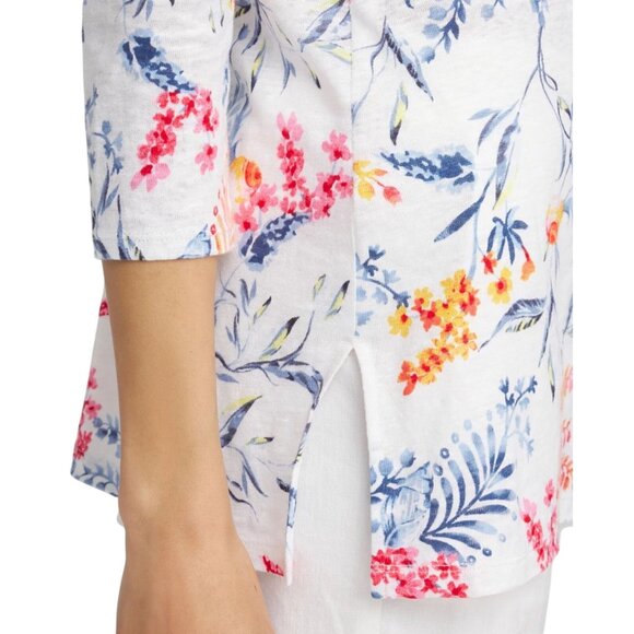 Chicos SZ 3 US XL Womens Nautical Floral Linen Tunic Top With Embellished Collar - Picture 16 of 16